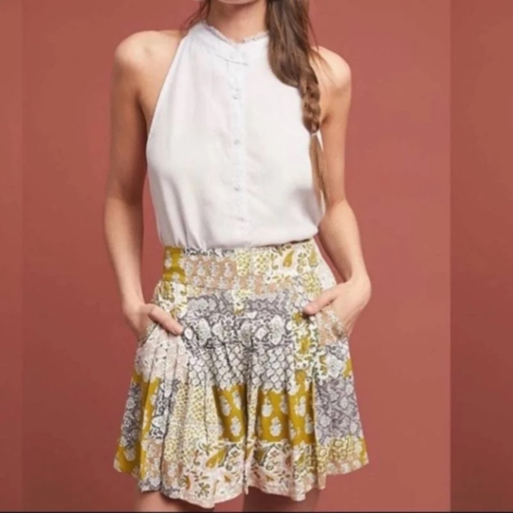 Anthropologie Maeve Yellow Patchwork Pleated High Waisted Shorts